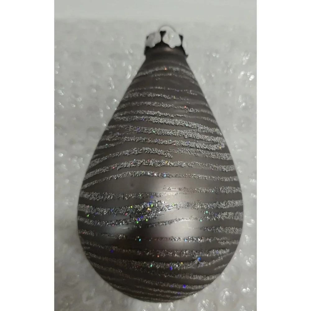 Large Vintage Silver Glitter Teardrop Christmas Ornament Striped Onion Shape